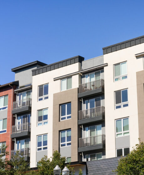 Exterior view of modern apartment building offering luxury renta Exterior view of modern apartment building offering luxury rental units in Silicon Valley; Sunnyvale, San Francisco bay area, California