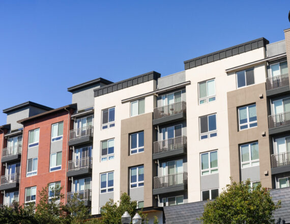 Exterior view of modern apartment building offering luxury rental units in Silicon Valley; Sunnyvale, San Francisco bay area, California